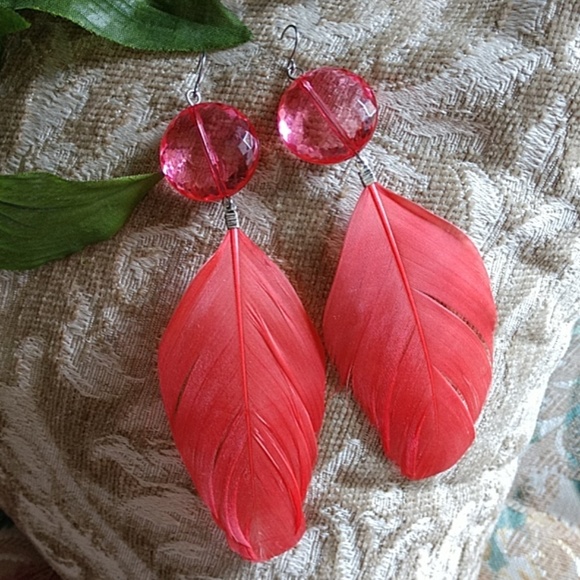Jewelry - Feather Earrings Coral Gypsy Boho Dangling Bead Drop 5 inch drop Pierced Fashion